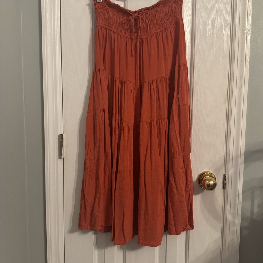 Tiered Smocked-Waist Maxi Skirt in Rust Orange
